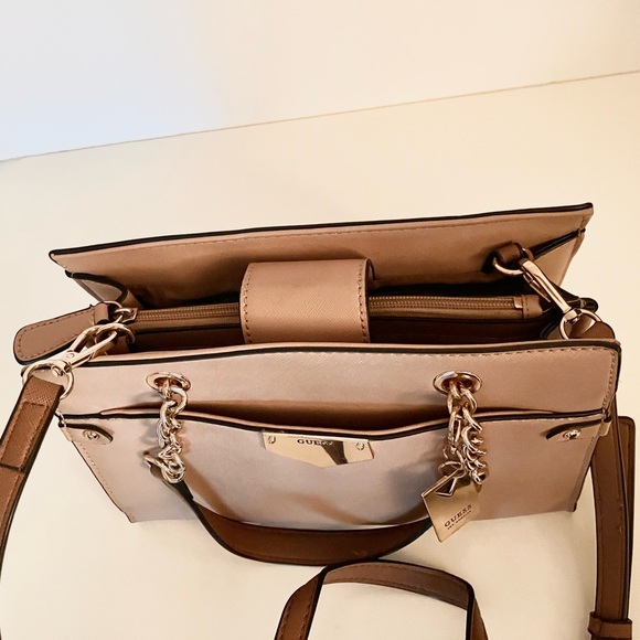 Guess Nude Saffiano Satchel With Gold Chain Straps - Picture 6 of 16